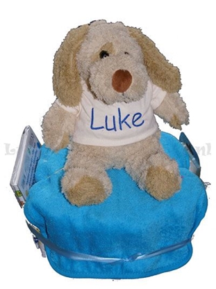 Afbeeldingen van Luiertaart kleine knuffel hond geborduurd met Naam