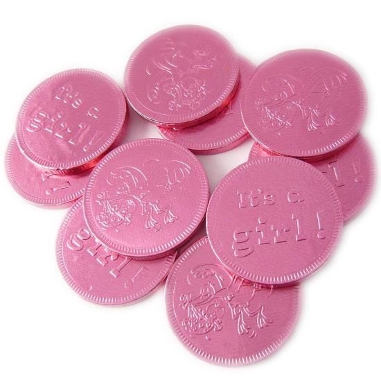 Afbeelding van Chocolademunten geboorte roze 10 stuks