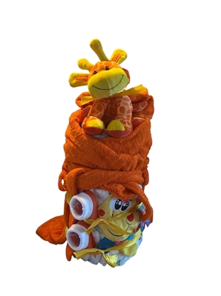 Afbeeldingen van Luiertaart – Oranje Giraffe Cadeauset